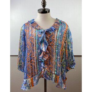 Ruby Rd. Womens Blue Orange Paisley Print Sheer Blouse With Ruffle Front Size XL